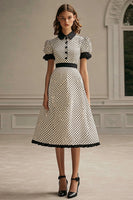 Load image into Gallery viewer, Chiffon Short Sleeves Black and White A Line Midi Polka Dot Dress with Ruffles