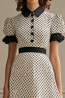 Chiffon Short Sleeves Black and White A Line Midi Polka Dot Dress with Ruffles