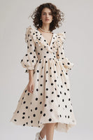 Load image into Gallery viewer, Chiffon V-Neck Black and White Midi Boho Polka Dot Dress with Ruffles