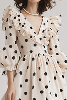 Load image into Gallery viewer, Chiffon V-Neck Black and White Midi Boho Polka Dot Dress with Ruffles
