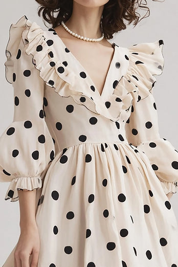 Chiffon V-Neck Black and White Midi Boho Polka Dot Dress with Ruffles