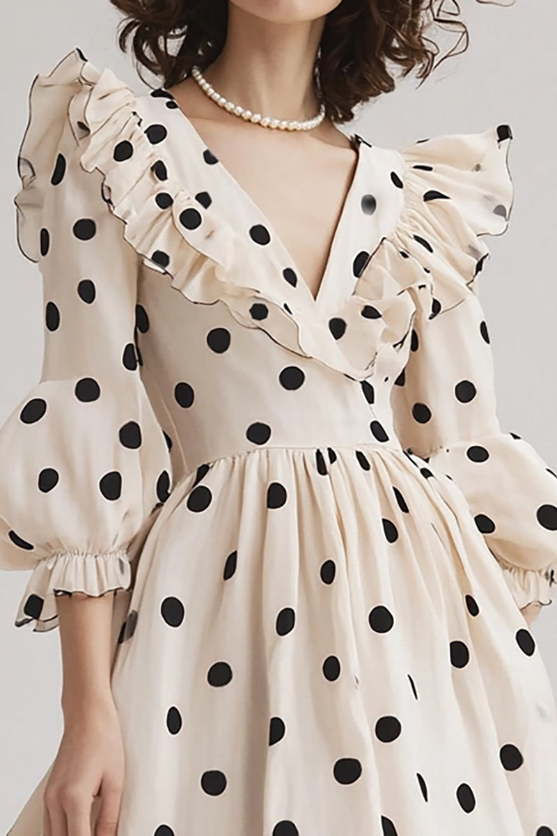 Load image into Gallery viewer, Chiffon V-Neck Black and White Midi Boho Polka Dot Dress with Ruffles