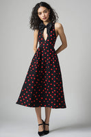 Load image into Gallery viewer, Black and Red Satin A Line Midi Polka Dot Dress with Bow