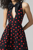 Load image into Gallery viewer, Black and Red Satin A Line Midi Polka Dot Dress with Bow
