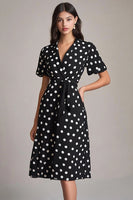 Load image into Gallery viewer, Satin Black and White Midi A Line Polka Dot Dress with Sleeves