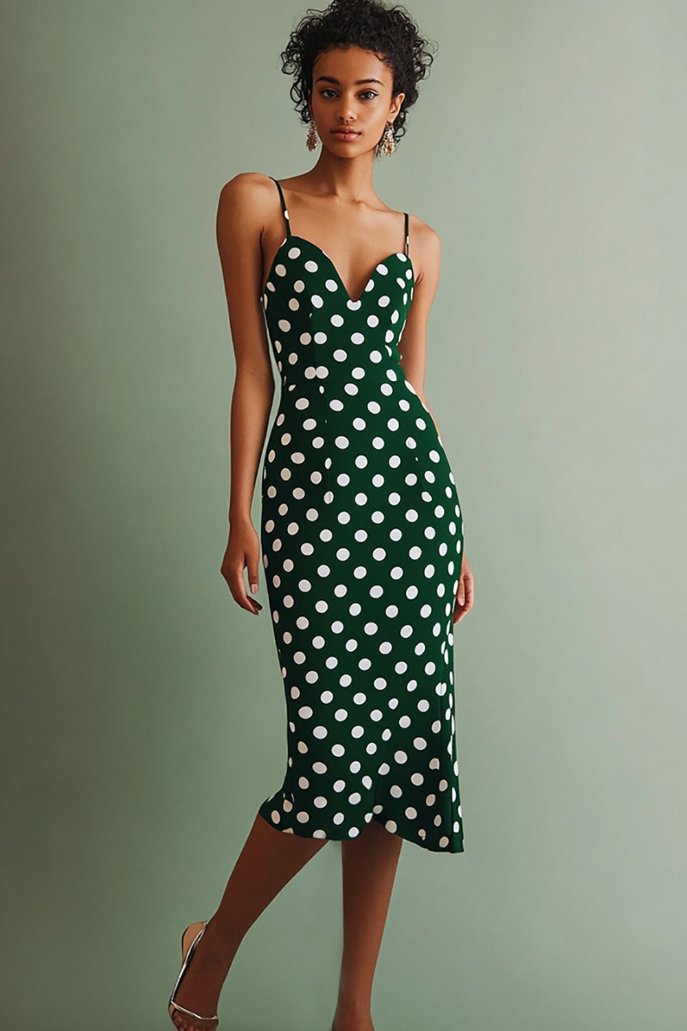 Boho Chiffon Bodycon Green and White Spaghetti Straps Midi Polka Dot Dress