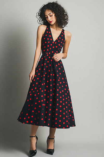 Satin V-Neck Black and Red A Line Midi Polka Dot Dress