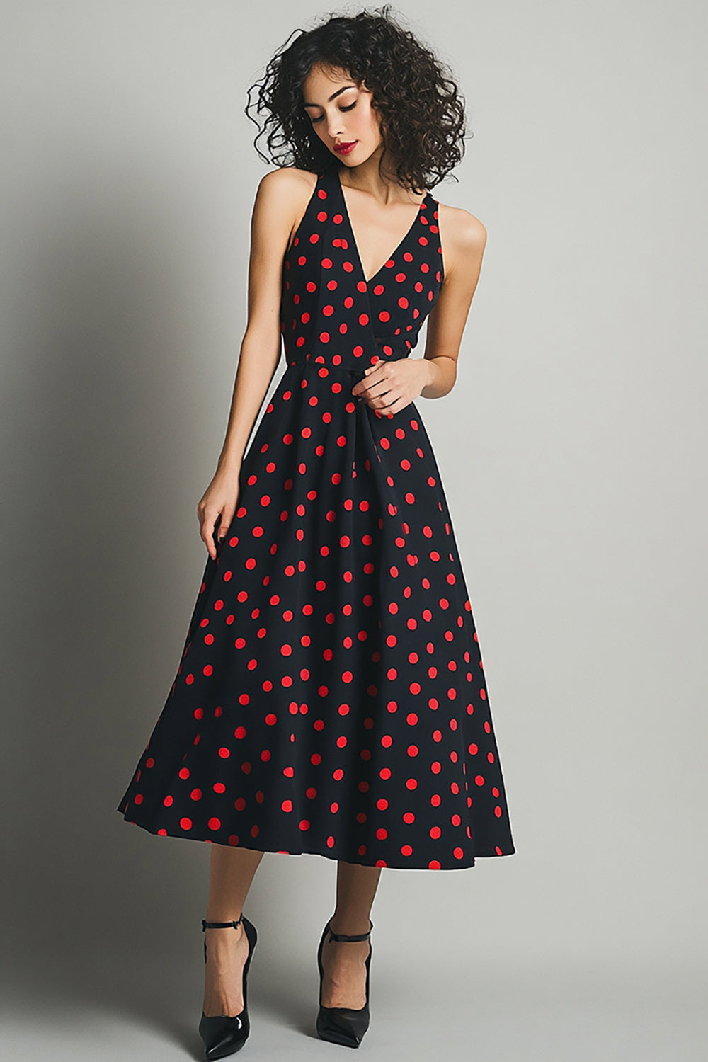 Satin V-Neck Black and Red A Line Midi Polka Dot Dress