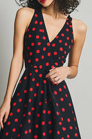 Load image into Gallery viewer, Satin V-Neck Black and Red A Line Midi Polka Dot Dress