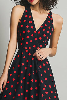Satin V-Neck Black and Red A Line Midi Polka Dot Dress