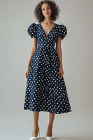 Load image into Gallery viewer, Satin A Line Navy and White Puff Sleeves Boho Midi Polka Dot Dress