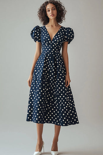 Satin A Line Navy and White Puff Sleeves Boho Midi Polka Dot Dress