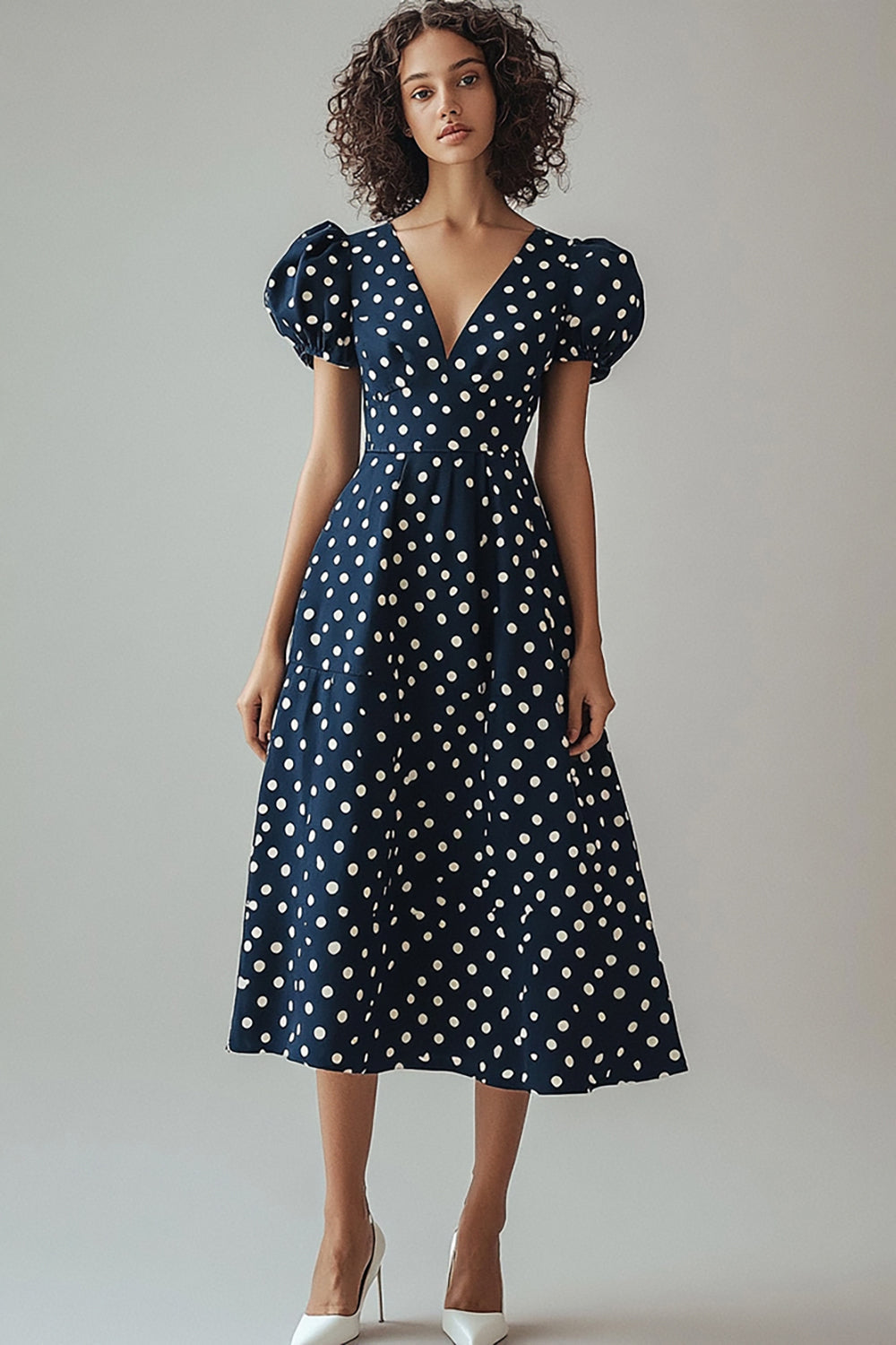Satin A Line Navy and White Puff Sleeves Boho Midi Polka Dot Dress