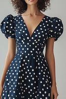 Load image into Gallery viewer, Satin A Line Navy and White Puff Sleeves Boho Midi Polka Dot Dress