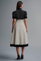 Load image into Gallery viewer, Chiffon Black and White Short Sleeves A Line Midi Polka Dot Dress with Ruffles