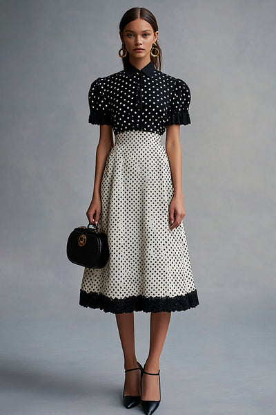 Chiffon Black and White Short Sleeves A Line Midi Polka Dot Dress with Ruffles