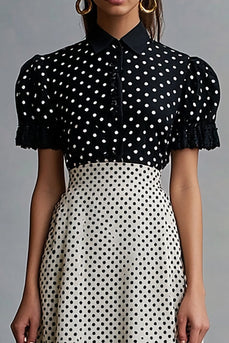 Chiffon Black and White Short Sleeves A Line Midi Polka Dot Dress with Ruffles