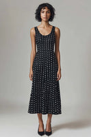 Load image into Gallery viewer, Black and White Chiffon Scoop Neck Midi A Line Polka Dot Dress