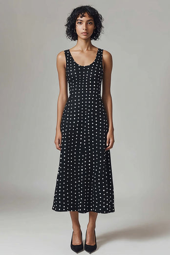 Black and White Chiffon Scoop Neck Midi A Line Polka Dot Dress