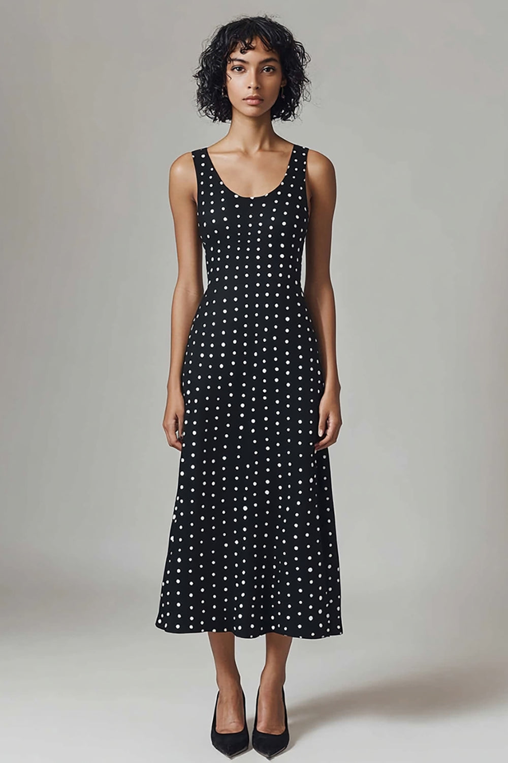 Black and White Chiffon Scoop Neck Midi A Line Polka Dot Dress