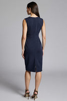 Load image into Gallery viewer, Navy Satin Bodycon V-Neck Midi Work Dress