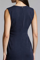 Load image into Gallery viewer, Navy Satin Bodycon V-Neck Midi Work Dress