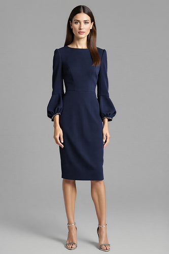 Navy Satin Bodycon Midi Work Dress with Long Sleeves