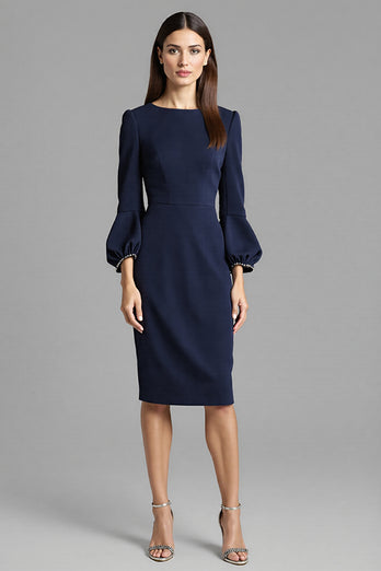 Royal Blue Satin Bodycon Bateau Neck Midi Work Dress