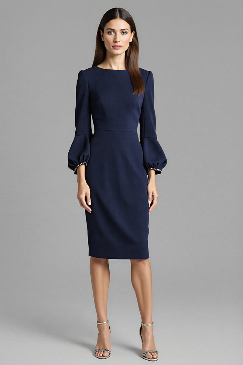 Load image into Gallery viewer, Royal Blue Satin Bodycon Bateau Neck Midi Work Dress
