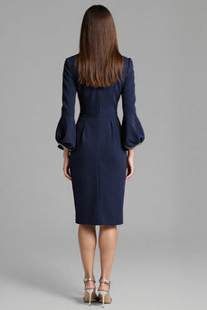Navy Satin Bodycon Midi Work Dress with Long Sleeves