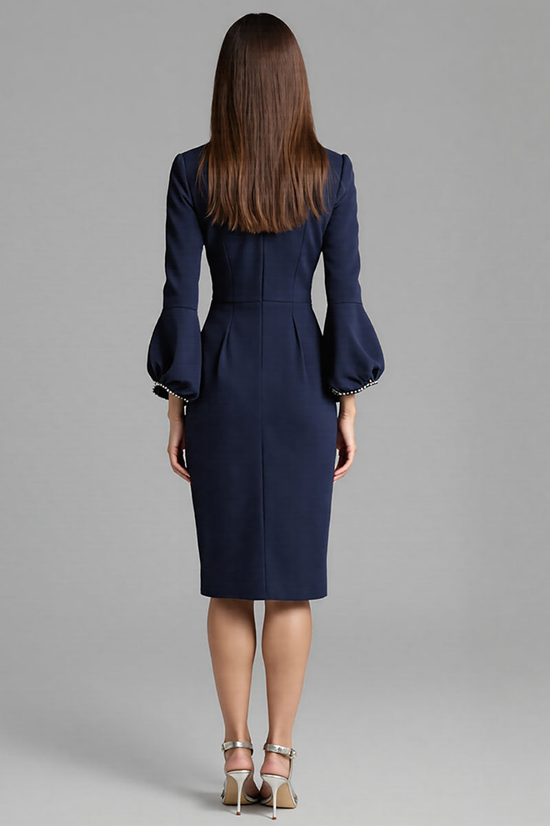 Load image into Gallery viewer, Royal Blue Satin Bodycon Bateau Neck Midi Work Dress