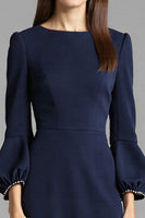 Load image into Gallery viewer, Navy Satin Bodycon Midi Work Dress with Long Sleeves
