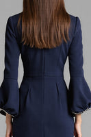 Load image into Gallery viewer, Navy Satin Bodycon Midi Work Dress with Long Sleeves