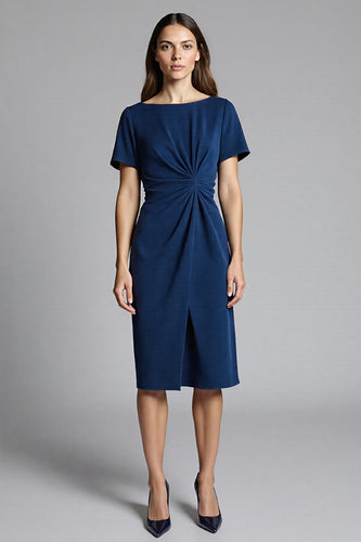 Navy Bodycon Ruched Midi Satin Work Dress