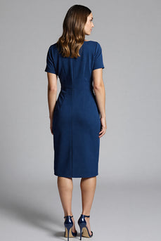 Navy Bodycon Ruched Midi Satin Work Dress