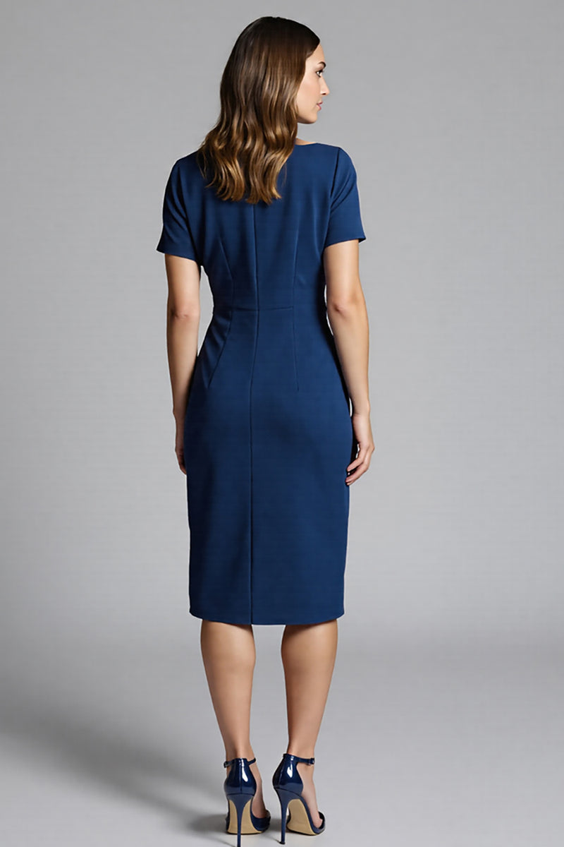 Load image into Gallery viewer, Royal Blue Bateau Neck Bodycon Ruched Midi Satin Work Dress