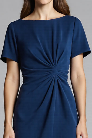 Navy Bodycon Ruched Midi Satin Work Dress