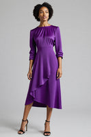 Load image into Gallery viewer, Plum Satin A Line Ruched Midi Work Dress with Sleeves