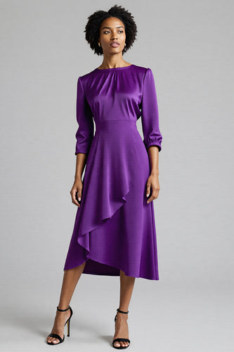 Plum Satin A Line Ruched Midi Work Dress with Sleeves