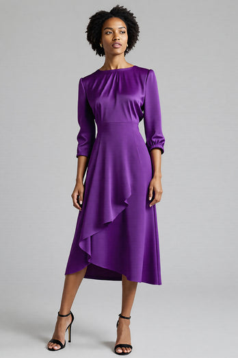 Royal Blue Satin A Line Midi Work Dress with Sleeves