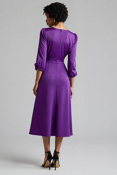 Plum Satin A Line Ruched Midi Work Dress with Sleeves