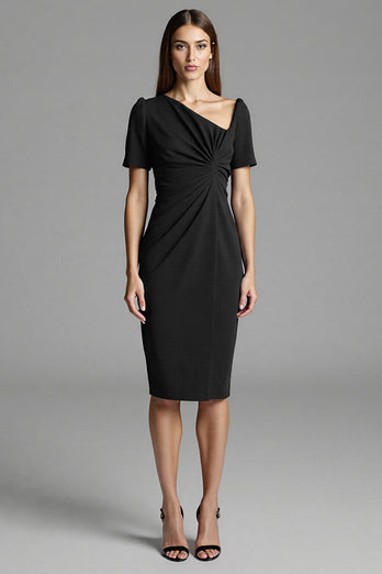 Royal Blue Bodycon Satin Asymmetrical Neck Midi Work Dress