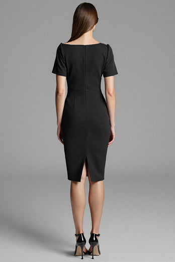 Navy Satin Bodycon Midi Work Dress with Sleeves