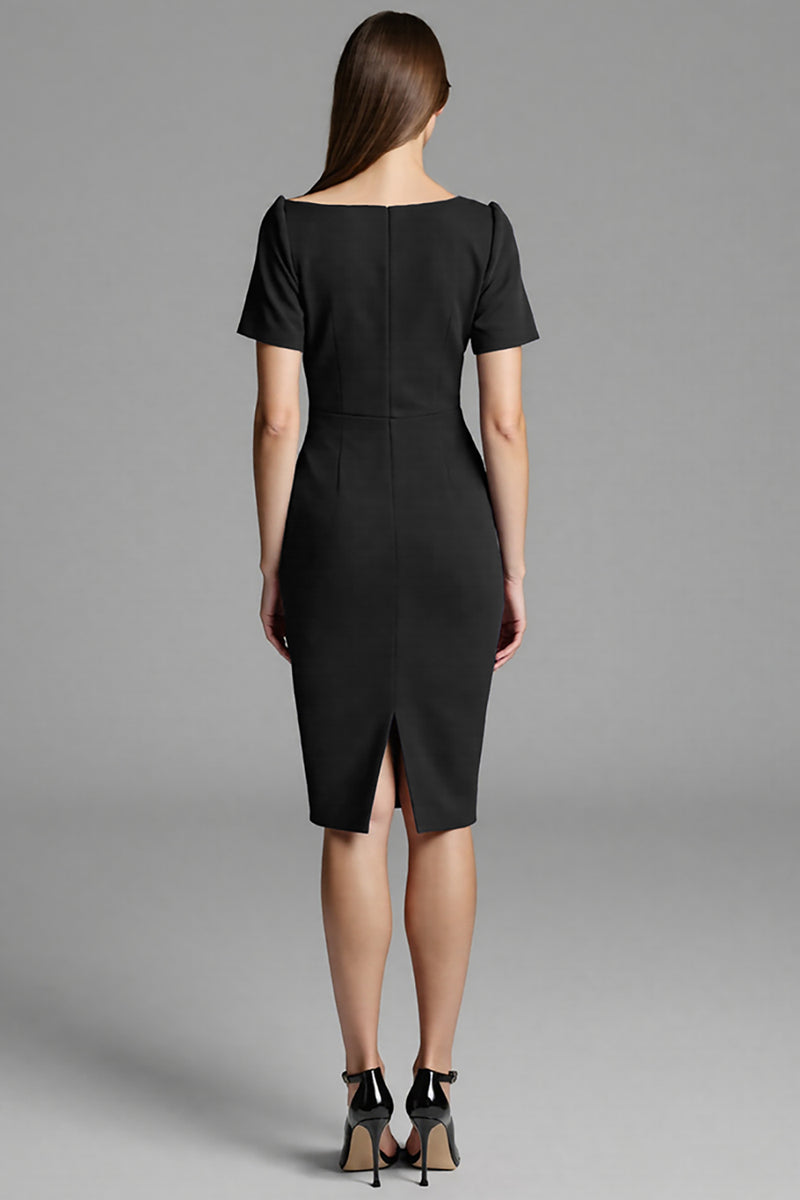 Load image into Gallery viewer, Navy Satin Bodycon Midi Work Dress with Sleeves
