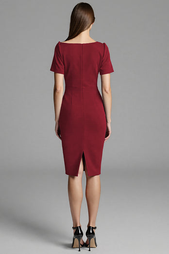 Navy Satin Bodycon Midi Work Dress with Sleeves