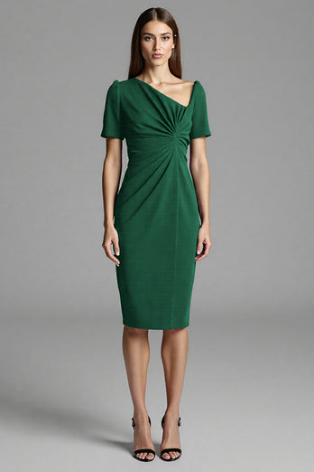 Royal Blue Bodycon Satin Asymmetrical Neck Midi Work Dress