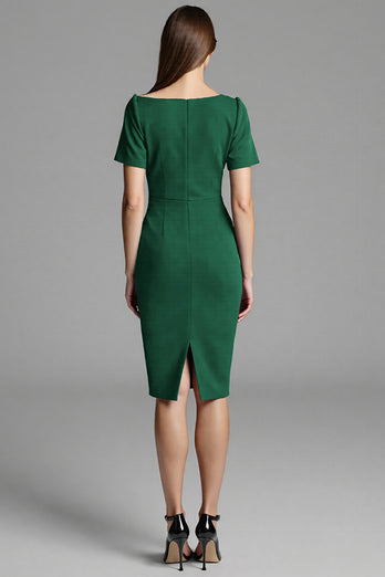 Navy Satin Bodycon Midi Work Dress with Sleeves
