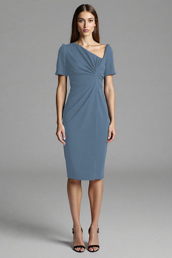 Navy Satin Bodycon Midi Work Dress with Sleeves