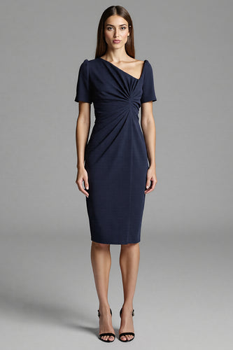 Navy Satin Bodycon Midi Work Dress with Sleeves