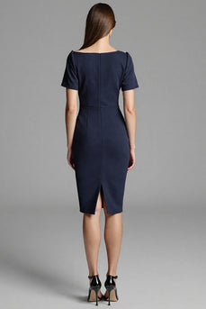 Navy Satin Bodycon Midi Work Dress with Sleeves